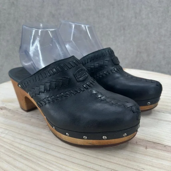 UGG Australia Black Leather Woven Whipstitch Wood Heel Studded Clogs Mules 8 - Picture 8 of 14